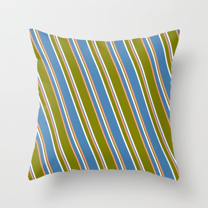 Light Salmon, Green, White, and Blue Colored Striped Pattern Throw Pillow
