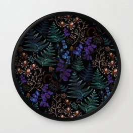 Moody Florals with Fern Leaves Black Wall Clock