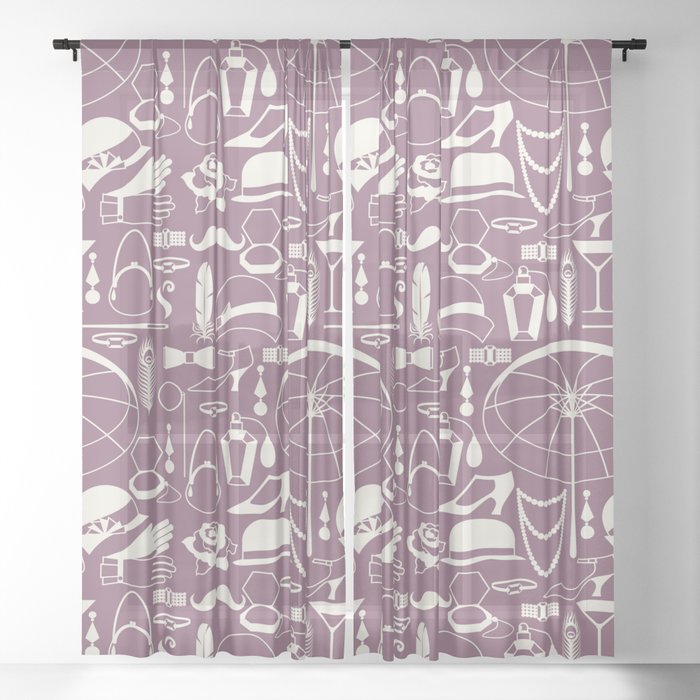 White Old-Fashioned 1920s Vintage Pattern on Dark Purple Sheer Curtain