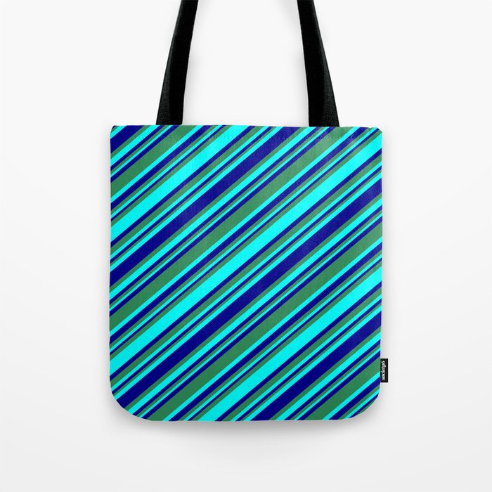 Sea Green, Cyan, and Dark Blue Colored Lines/Stripes Pattern Tote Bag