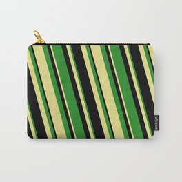 [ Thumbnail: Black, Forest Green, and Tan Colored Stripes Pattern Carry-All Pouch ]