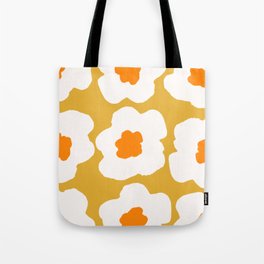 Large Pop-Art Retro Flowers in White on Mustard Yellow Background  Tote Bag