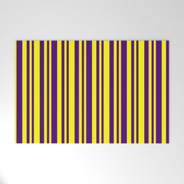 [ Thumbnail: Indigo and Yellow Colored Lines/Stripes Pattern Welcome Mat ]
