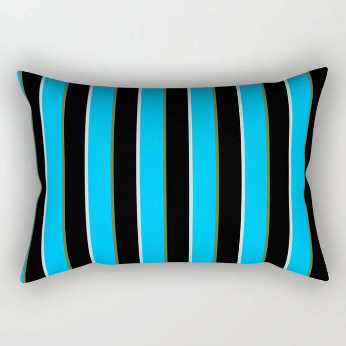 Turquoise, Deep Sky Blue, Dark Olive Green, and Black Colored Stripes/Lines Pattern Rectangular Pillow