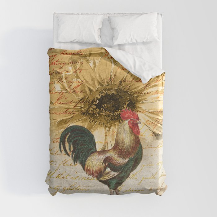 Rooster Sunflower Vintage Script Duvet Cover