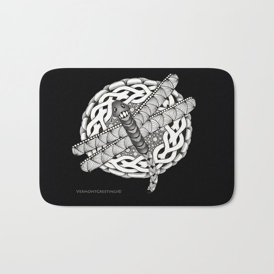 Zentangle Dragonfly Black and White Illustration Bath Mat