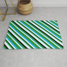 [ Thumbnail: Forest Green, Deep Sky Blue, Light Cyan & Black Colored Stripes/Lines Pattern Rug ]