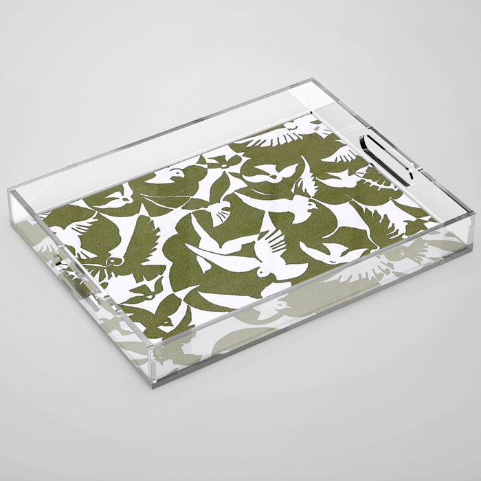 Pigeons in Olive and White Acrylic Tray