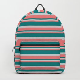 [ Thumbnail: Light Coral, Teal, and Light Grey Colored Lined/Striped Pattern Backpack ]