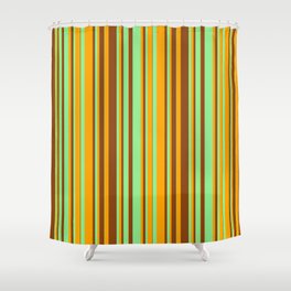 [ Thumbnail: Brown, Light Green, and Orange Colored Striped Pattern Shower Curtain ]