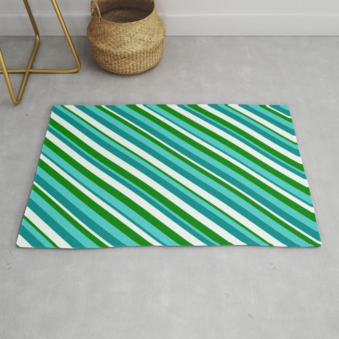 Turquoise, Dark Cyan, Mint Cream, and Green Colored Lined Pattern Rug