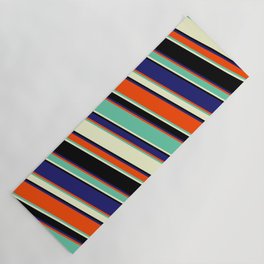 [ Thumbnail: Red, Aquamarine, Light Yellow, Black & Midnight Blue Colored Lines/Stripes Pattern Yoga Mat ]