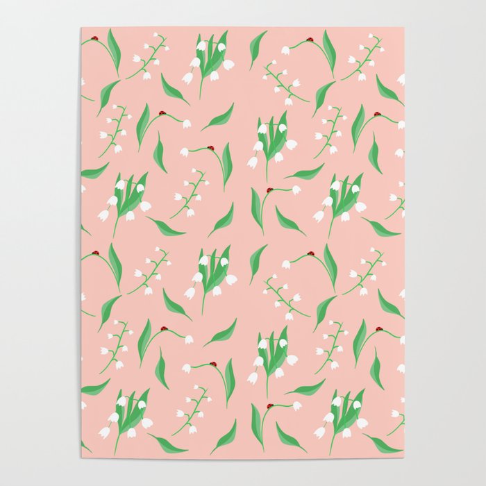 lily of the valley and ladybird pink pattern Poster