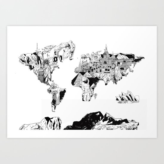 world map black and white Art Print