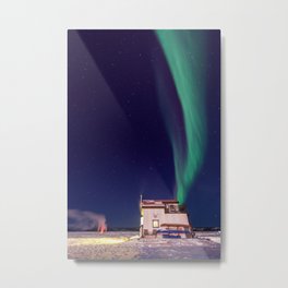 Northern Lights and house boat in Yellowknife Metal Print