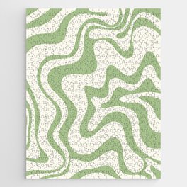 Retro Liquid Swirl Abstract Pattern Light Sage Green and Cream Jigsaw Puzzle