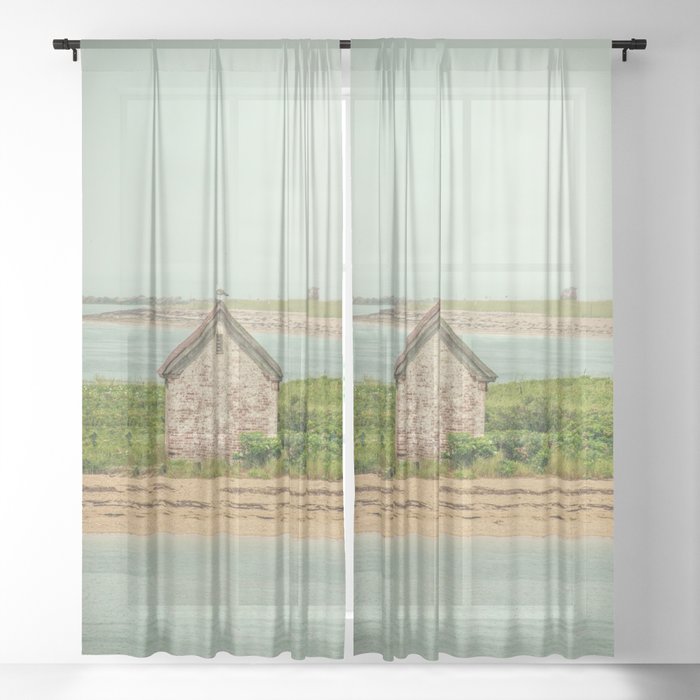 Seagull Atop Sheer Curtain, Beach Style Window Curtains