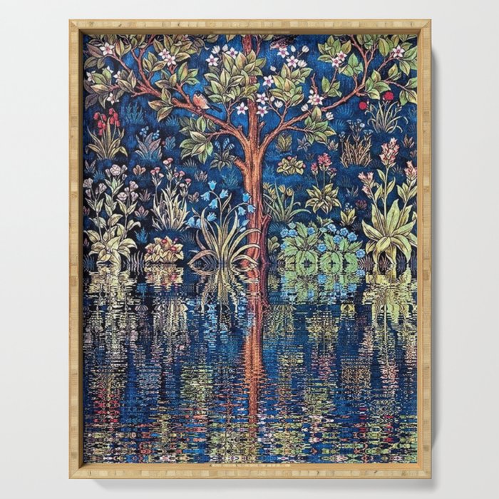 Tree of Life reflecting water of garden lily pond twilight blue nature landscape painting Serving Tray