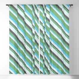 [ Thumbnail: Forest Green, Deep Sky Blue, Light Cyan & Black Colored Stripes/Lines Pattern Sheer Curtain ]