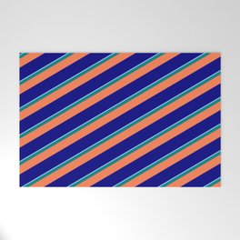 [ Thumbnail: Light Sky Blue, Teal, Coral, and Blue Colored Stripes Pattern Welcome Mat ]