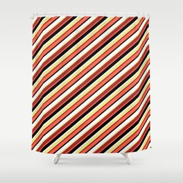[ Thumbnail: Colorful Tan, Brown, Red, Black, and White Colored Stripes/Lines Pattern Shower Curtain ]