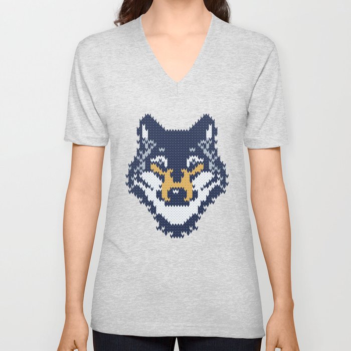Fair isle knitting grey wolf // navy blue and grey wolves yellow moons and pine trees V Neck T Shirt