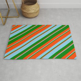 [ Thumbnail: Red, Sky Blue, and Green Colored Stripes/Lines Pattern Rug ]