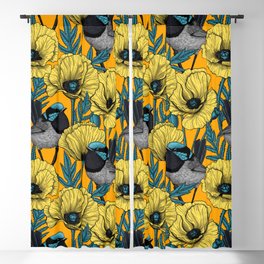 Fairy wren and poppies in yellow Blackout Curtain