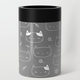 Grey and White Doodle Kitten Faces Pattern Can Cooler