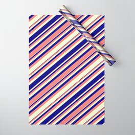 [ Thumbnail: Light Coral, Light Yellow, and Blue Colored Lined/Striped Pattern Wrapping Paper ]