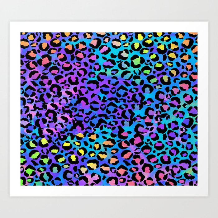 Holographic Rainbow Leopard Print Spots on Bright Neon Art Print