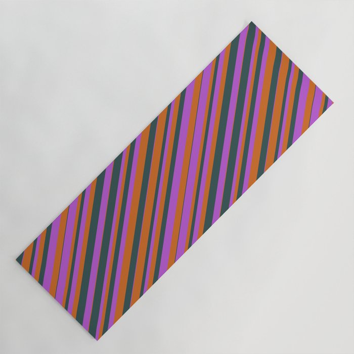 Chocolate, Dark Slate Gray, and Orchid Colored Striped Pattern Yoga Mat