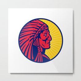 Old Native American Chief Headdress Circle Metal Print | Warbonnet, Head, Brave, Warrior, Headdress, Leader, Elder, Symbol, Chief, Feather 