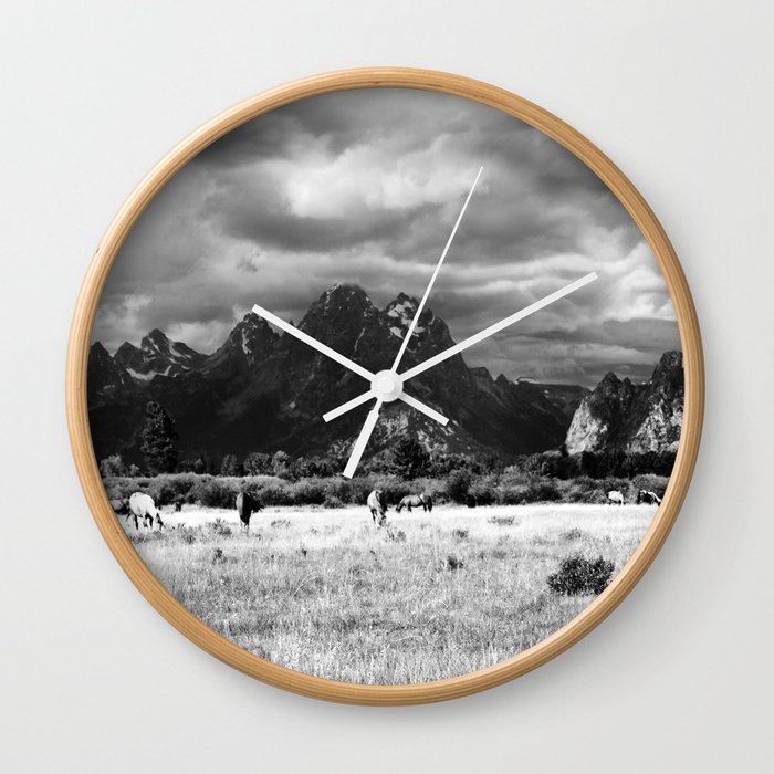 Horse and Grand Teton (Black and White) Wall Clock