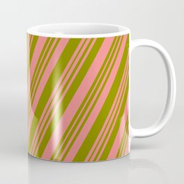 [ Thumbnail: Light Coral & Green Colored Striped/Lined Pattern Coffee Mug ]