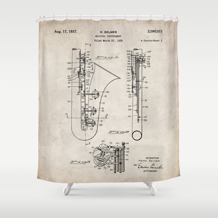 Selmer Saxophone Patent - Saxophone Art - Antique Shower Curtain