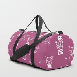 Magenta and White Hand Drawn Dog Puppy Pattern Duffle Bag