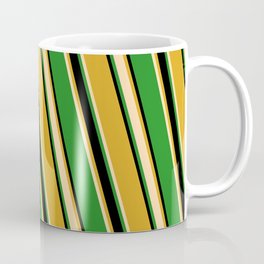 [ Thumbnail: Goldenrod, Tan, Forest Green, and Black Colored Striped/Lined Pattern Coffee Mug ]