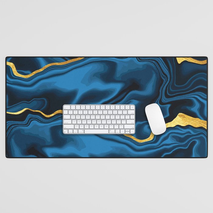Indigo Blue + Gold Marble Waves (x 2021) Desk Mat