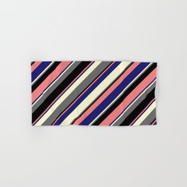 [ Thumbnail: Eye-catching Light Coral, Midnight Blue, Light Yellow, Dim Grey, and Black Colored Striped Pattern Hand & Bath Towel ]