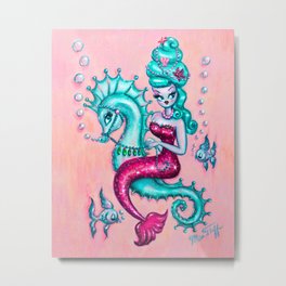 Mermaid with Candy Blue Bouffant Riding a Seahorse Metal Print | Mermaidart, Acrylic, Pinupmermaid, Mermaidstyle, Mermaiddecor, Missfluff, Mermaids, Painting, Vintagemermaids 