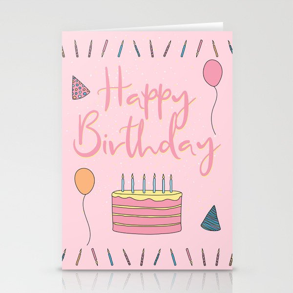 Happy Birthday Cake and Balloons Pink Stationery Cards