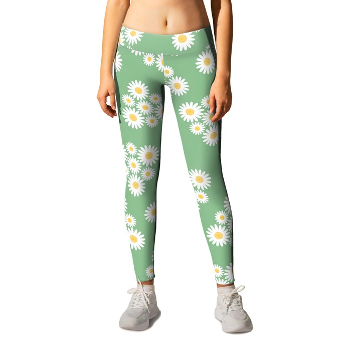 Spring white daisies triangles pattern on green Leggings