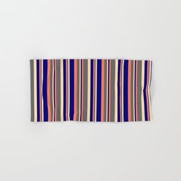 [ Thumbnail: Coral, Dim Gray, Tan & Blue Colored Pattern of Stripes Hand & Bath Towel ]