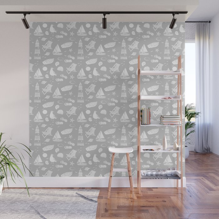 Light Grey And White Summer Beach Elements Pattern Wall Mural