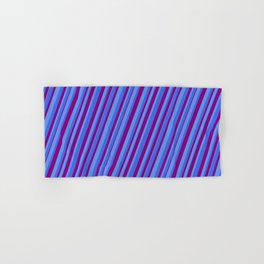 [ Thumbnail: Cornflower Blue, Royal Blue & Purple Colored Pattern of Stripes Hand & Bath Towel ]
