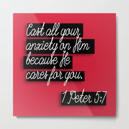 Candy Apple Block Scripture, 1 Peter 5:7 Metal Print | Spiritual, Red, 1Peter, Typography, Verse, Cares, Blackandred, Christian, Bible, Graphicdesign 