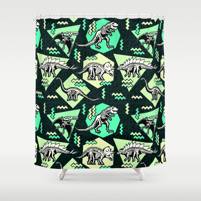 90's Dinosaur Skeleton Neon Pattern Shower Curtain