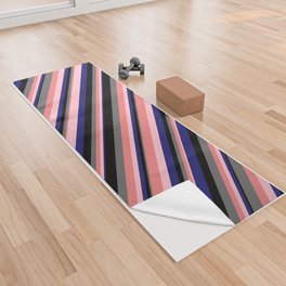 [ Thumbnail: Eye-catching Pink, Light Coral, Dim Grey, Black, and Midnight Blue Colored Stripes Pattern Yoga Towel ]