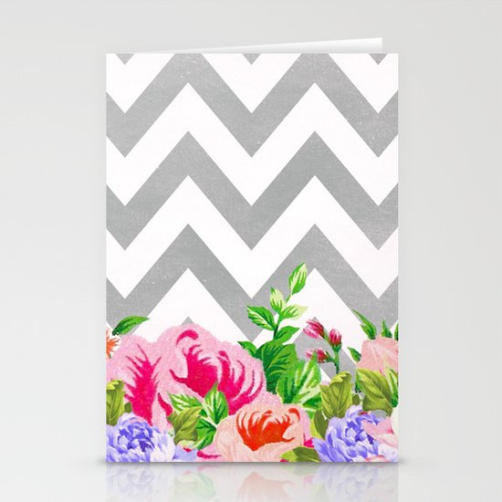 FLORAL GRAY CHEVRON Stationery Cards